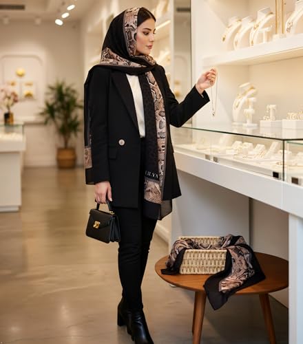 Hijab Modest and Elegant | Beautifully Designed Printed Chiffon Patterns | Muslim Women Head Scarf and Veil - color: Black T