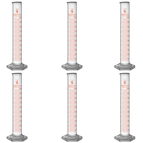 100ml Graduated Cylinder, Borosilicate 3.3 Glass, Single Metric Scale, Class B, Karter Scientific 213I51 (Pack of 6) - size: 100ml, style: Pack of 6