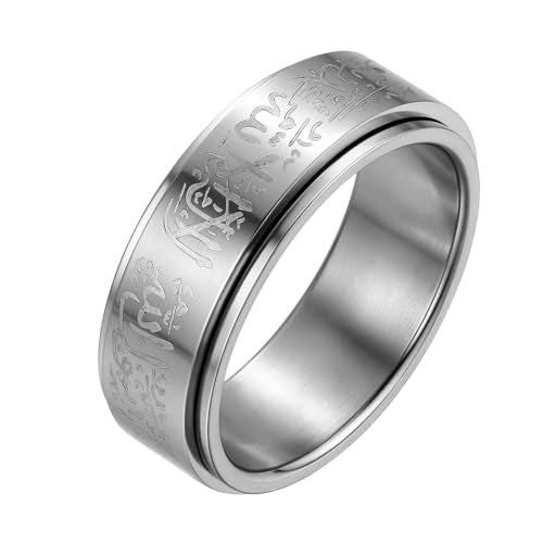Hipunk Stainless Steel Islamic Muslim Shahada Ring - Mohammad Arabic Letter Rings Band Prayer Religious Calligraphy Ayatul Kursi Allah Rings Eid Ramadan for Men Women Size 9-12 - color: Rotatable-steel