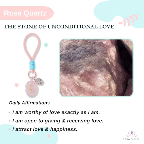 Crystal Keychain Set - Natural Healing Stones with Affirmation Cards- Worry Stone Anxiety Relief Gift - color: Rose Quartz