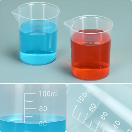 QWORK 100ml/3.4oz Lab Measuring Cup, 12 Pieces Plastic Beaker Cups Mixing Cup with Scale Marking, for Laboratory Use, Liquid Measuring