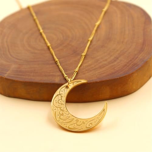 Stainless Steel Arabic Moon Pendant Necklace - Islamic Allah Symbol Jewelry for Men and Women - Religious Amulet Talisman Gift YA4979 - color: gold moon pendant necklace