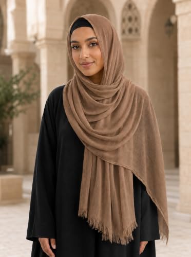 Cotton Linen Plain Hijab Scarf For Women,Muslim Viscose Crinkle Edge With Fringe,Summer Beach Wrap Headwraps Shawl - color: 34#camel