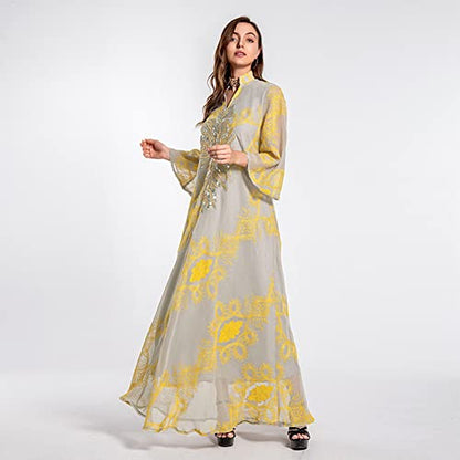 OBEEII Abayas for Women Muslim Applique Embroidery Long Sleeve Maxi Dress Loose Full Cover Islamic Dubai Robe Kaftan Abayas - color: Yellow, size: XX-Large