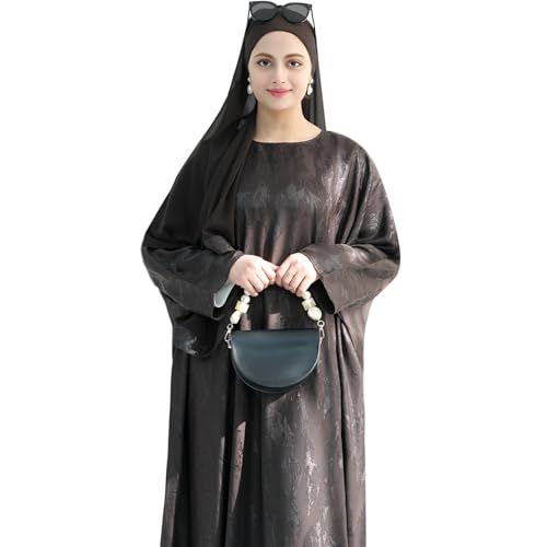 khalat Abaya Muslim Dress Women Satin Jacquard Prayer Dress Batwing Long Sleeve Islamic Dubai Robe with Chiffon Hijab - color: Coffee
