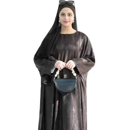 khalat Abaya Muslim Dress Women Satin Jacquard Prayer Dress Batwing Long Sleeve Islamic Dubai Robe with Chiffon Hijab - color: Coffee