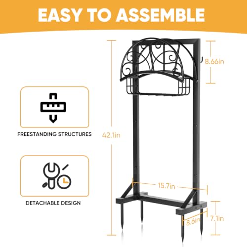 Heavy-Duty Garden Hose Holder with Storage Basket and Tool Hooks, Stable Freestanding Hose Stand Holds 160Ft, Metal Hose Hanger, Rustproof Water Hose Holder Storage for Outside,Yard,Lawn,Farm - color: Matte Black