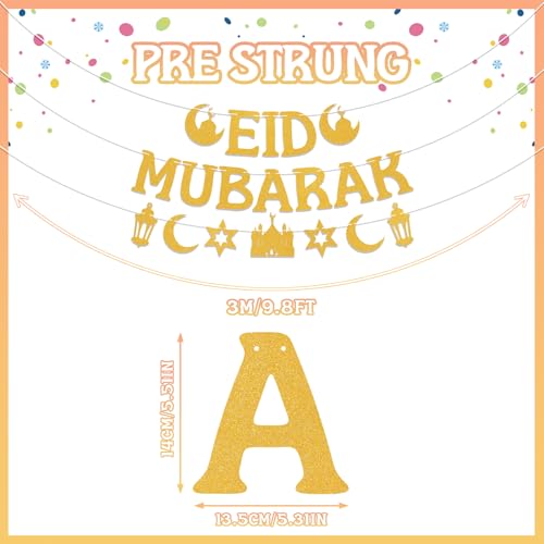 Gold Glitter Eid Mubarak Banner and Garland Set, Pre-Assembled Islamic Party Decor with Mosque Lantern Moon Star for Eid al-Fitr Home Wall Festival Decorations