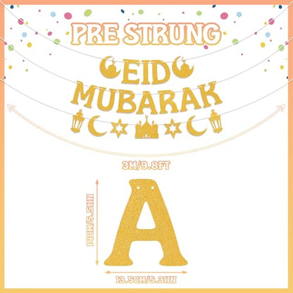 Gold Glitter Eid Mubarak Banner and Garland Set, Pre-Assembled Islamic Party Decor with Mosque Lantern Moon Star for Eid al-Fitr Home Wall Festival Decorations