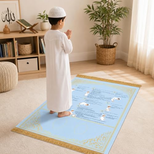 Prayer Mat with Instructions, Suede Muslim Prayer Rug for Beginners | suede prayer mat with Arabic, English, and transliteration guidance for home, school, travel, kids, and reverts. - color: Blue