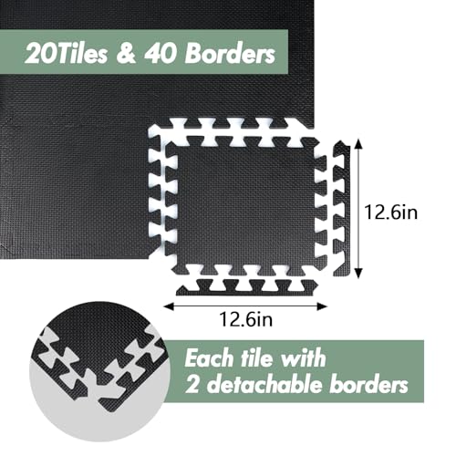 20 Sq Ft Gym Floor Mats, 0.5" Thick Interlocking Foam Tiles | Non-slip,High-density EVA interlocking mats for Home Exercise & Kids,Water-resistant,Easy to Clean,Anti-Fatigue - color: Black