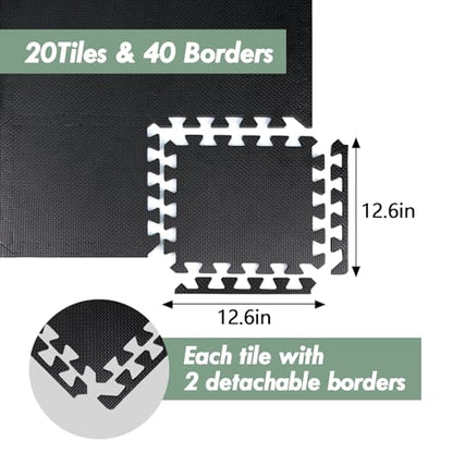 20 Sq Ft Gym Floor Mats, 0.5" Thick Interlocking Foam Tiles | Non-slip,High-density EVA interlocking mats for Home Exercise & Kids,Water-resistant,Easy to Clean,Anti-Fatigue - color: Black