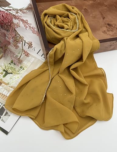 Hijab for Women Premium Chiffon Hijab Rhinestone Hijab Scraf for Women Muslim - color: Mustard