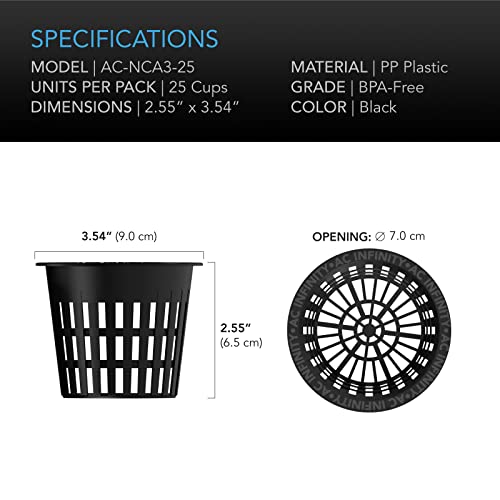 AC Infinity Net Cups 7cm Heavy Duty Garden Slotted Net Pots with Wide Lip | Wide Lip Rims, 25-Pack Black Bucket Basket for Indoor Outdoor Growing, Orchids, Aquaponics, Hydroponics - size: 3"