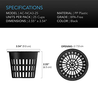 AC Infinity Net Cups 7cm Heavy Duty Garden Slotted Net Pots with Wide Lip | Wide Lip Rims, 25-Pack Black Bucket Basket for Indoor Outdoor Growing, Orchids, Aquaponics, Hydroponics - size: 3"