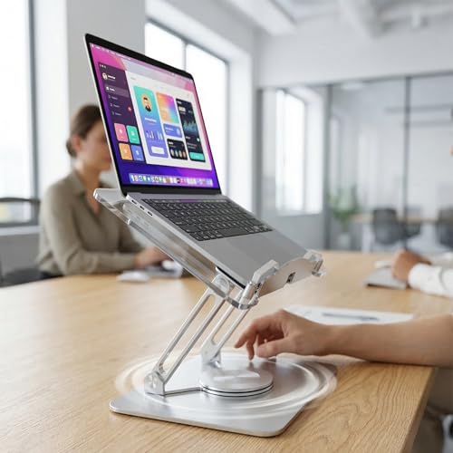 Adjustable Acrylic Laptop Stand for Desk, Ergonomic Aluminum Laptop Riser, Computer Stand for Laptop, Book Holder, for iPad, Tablets, Compatible with MacBook,Sturdy Foldable Design with Swivel Base. - style: ROTATING BASE