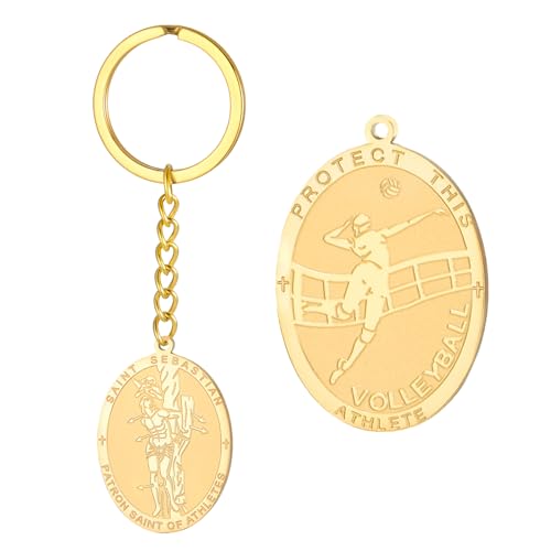 Dreamtimes St. Sebastian Medal Keychain for Men Women Stainless Steel Religious Saint Patron of Athletes Catholic Keychain - style: Volleyball-g