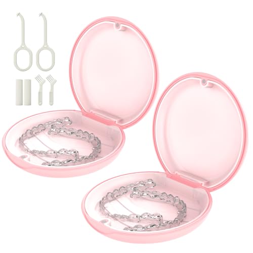 2 Pack Retainer Case, Slim Aligner Case for Invisalign with Tool Kit | 2 Pack Slim Magnetic Retainer Case for Invisalign • Pocket-Size for Travel • Full Kit: Removal Tool, Aligner Seater & Brush - color: 2 Pack - Pink