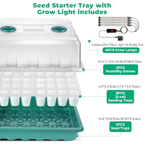 Seed Starter Tray with Grow Light, 96-Cell Seed Starter Kit, Seedling Starter Trays with Humidity Domes, Automatic Timer, Adjustable Light Indoor Gardening Plant Germination Trays - color: Green 2 Set