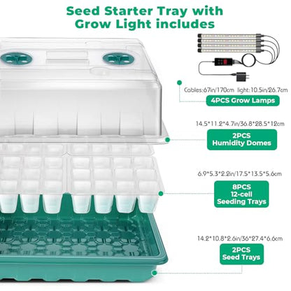 Seed Starter Tray with Grow Light, 96-Cell Seed Starter Kit, Seedling Starter Trays with Humidity Domes, Automatic Timer, Adjustable Light Indoor Gardening Plant Germination Trays - color: Green 2 Set