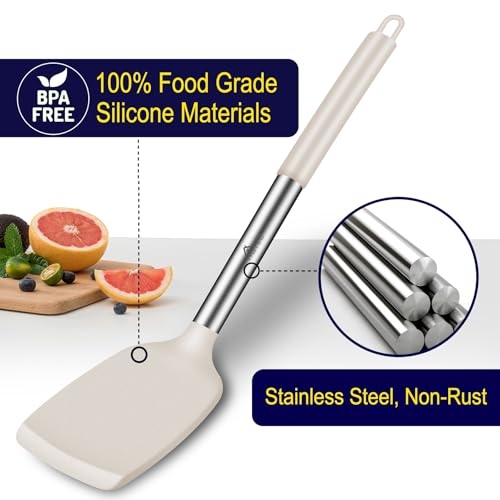 HOTEC Silicone Spatula Set of 2 Heat-Resistant 600°F & BPA-Free Kitchen SaptulaTurner with Stainless Steel Handles, Slotted & Solid Spatulas for Nonstick Cookware, 13.7 Inch, Khaki - color: Khaki