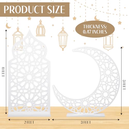 Sintuff 2 Pack Large Wooden Ramadan Decor Islamic Eid Mubarak 3ft Crescent Moon & 4ft Mosque Dome White Floor Decor for Room Entrances Ramadan Kareem Gift Party Home Decoration, Lights Not Included