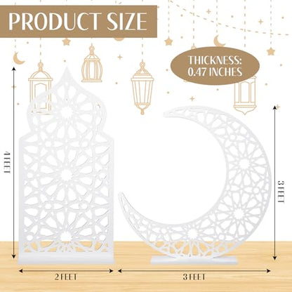 Sintuff 2 Pack Large Wooden Ramadan Decor Islamic Eid Mubarak 3ft Crescent Moon & 4ft Mosque Dome White Floor Decor for Room Entrances Ramadan Kareem Gift Party Home Decoration, Lights Not Included
