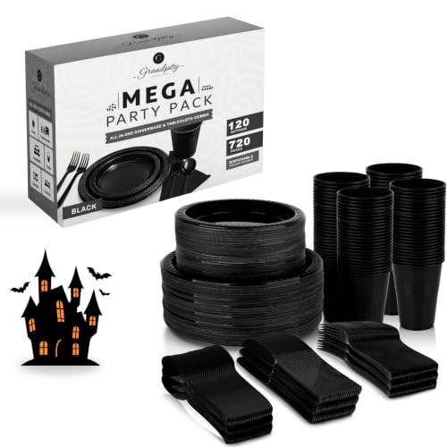 Grandipity Disposable Plastic Dinnerware Sets for Parties (720 pcs) - color: Black, size: 120 Guests (720 PCS)