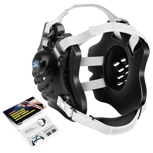 Trymaker Wrestling Headgear, Head Gear for Men and Youth with Chin Cup, Dual-Layer Ear Guard for MMA, BJJ (for Users Age 10+) - color: Black Headgear & White Strap