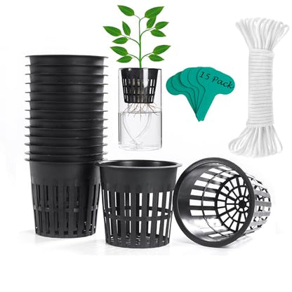 ORIMERC 4 inch 15 Pack Net Cups Pots, with 15 feet Self Watering Rope, 15 Plant Labels, for Hydroponics Aquaponics Kratky Orchid Vegetable Indoor Outdoor Growing Baskets Nursery Slotted Mesh BPA Free - size: 4 inch (15 Pack)