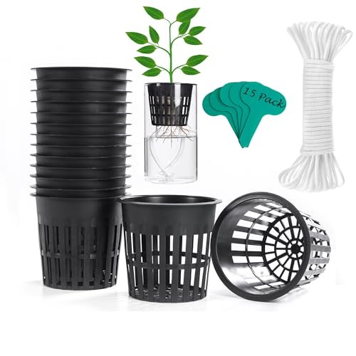 ORIMERC 4 inch 15 Pack Net Cups Pots, with 15 feet Self Watering Rope, 15 Plant Labels, for Hydroponics Aquaponics Kratky Orchid Vegetable Indoor Outdoor Growing Baskets Nursery Slotted Mesh BPA Free - size: 4 inch (15 Pack)