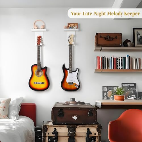 Keebofly Guitar Wall Mount Hangers with Rustic Wood Shelf - 2 Pack, Wall Stand Holder Hook Rack for Acoustic or Electric Guitar,Ukulele,Bass,White,[Patented] - color: 2 Pack_White