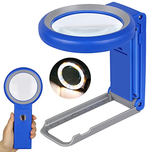 Magnifying Glass with Light and Stand, Foldable Handheld Magnifying Glass 18 LED Illuminated Lighted Magnifier for Macular Degeneration, Seniors Reading, Close Work, Coins, Jewelry Blue - color: Blue