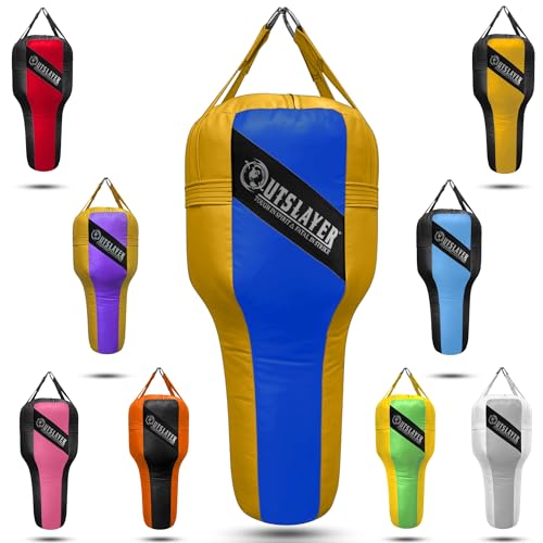 Outslayer Angle Uppercut Heavy Punching Bag for Boxing & MMA - Customizable Colors, Optional D-Ring, Unfilled/Soft Filled Choices - Made in USA - color: Blue/Yellow, style: FIlled WITH Bottom D-Ring