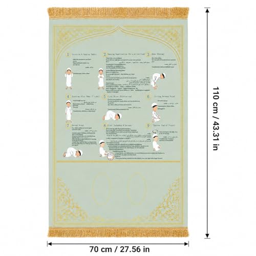 Muslim Prayer Rug: Complete Prayer Mat with Instructions, Takbir to Tasleem | Suede. Step-by-step muslim prayer rug with instructions. Home, travel, car, school. Great for beginners/kids/reverts. - color: Green