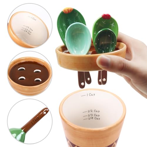 5 Pieces Measuring Spoons Set/Ceramics Spoons and Measuring Base Cup/for Dry and Liquid Ingredient, Cute Cactus Shape (Wave base) - color: Wave base