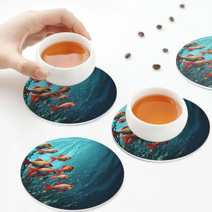 Drink Coasters Set of 4 Leather Coasters for Drinks Fish Aquarium Round Cup Mat Pad Easy Clean Bar Coasters Heat Resistant Funny Cup Coasters for Tabletop Protection,4 Inches - color: Round Shape