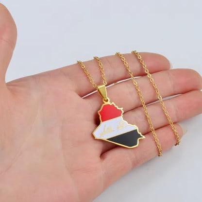 Iraq Map Flag Pendant Necklace for Women and Men – Stainless Steel Allah Name Iraq Map Pendant Necklaces - Meaningful Iraq Jewelry Gift - color: Gold 1