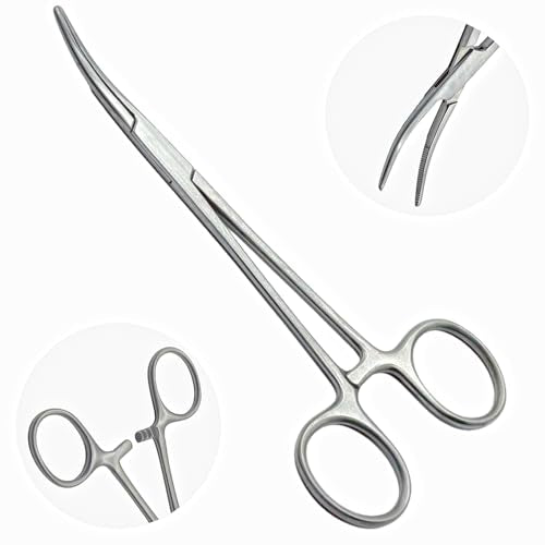 Kelly Hemostat Forceps Tweezers 5.5" Curved-Fishing Clamps for Nurses | Surgical stainless steel instrument for tweezing & dog hair-pulling; durable, precision tool for veterinary, piercing, craft. - color: Silver Curved, size: 5.5"