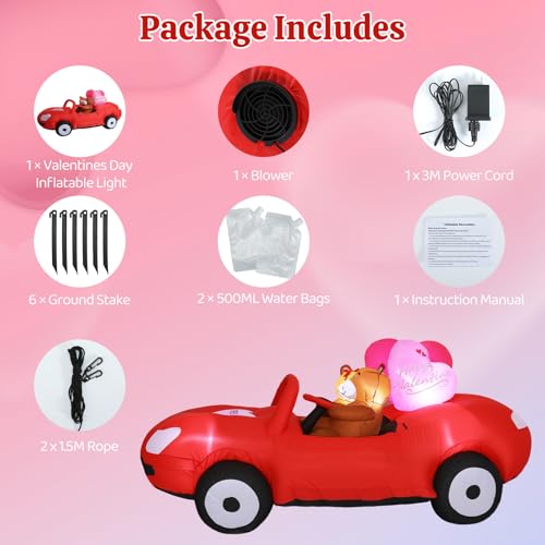 Lewondr 7.5FT Valentine's Day Inflatable Outdoor Decorations, Lovely Bears Drive a Car Blow up Romantic Yard Decoration with 10 Build-in Lights, Valentine's Inflatable Decor for Lawn Party Wedding - style: Car
