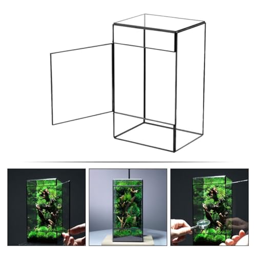 Glass Terrarium Moss Holder for Indoor Micro Landscape DIY, Small Geometric Handcrafted Glass Container with Black Tin Frame, Mini Ecological Plant Planter for Living Room Decor