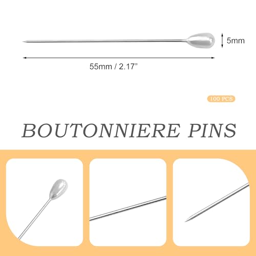 Quacc 100 PCS Corsage Pins with Box, Long Straight Wedding White Teardrop Pearl Head Boutineer Boutonniere Prom Bouquet Pins for Quilting Sewing Pinning Quilt Flower DIY Crafts (2.17")