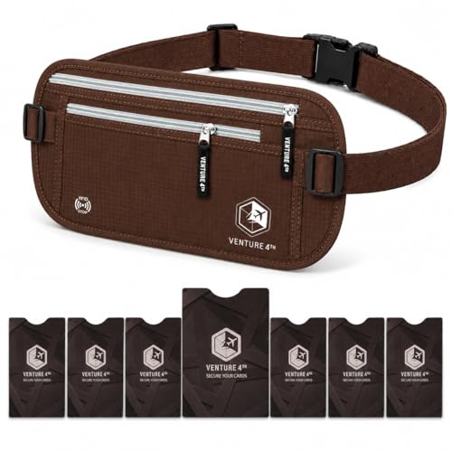 VENTURE 4TH RFID Money Belt for Travel with RFID Blocking Sleeves – Slim Hidden Travel Wallet & Passport Holder for Men & Women, Lightweight Anti-Theft Pouch to Protect Cash, Cards & Documents - Brown - color: Brown