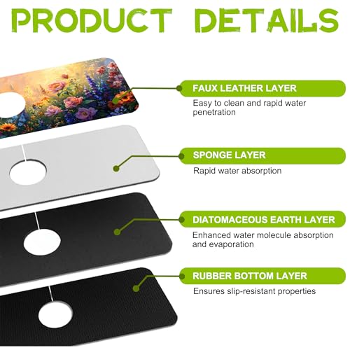 Kitchen Sink Splash Guard Faucet Mat Super Absorbent Fast Drying Mat Guard Behind Faucet Drip Catcher for Kitchen Bathroom (Flowers Bees in the Garden, 23.5"X5.5")