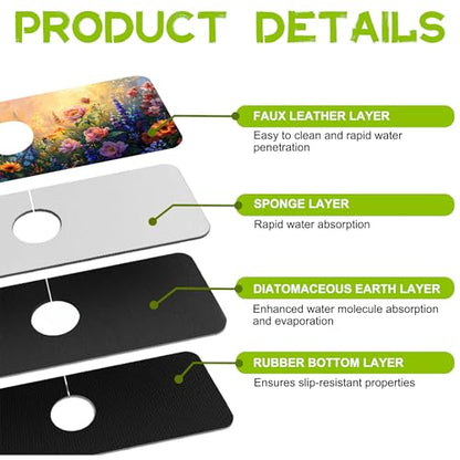 Kitchen Sink Splash Guard Faucet Mat Super Absorbent Fast Drying Mat Guard Behind Faucet Drip Catcher for Kitchen Bathroom (Flowers Bees in the Garden, 23.5"X5.5")