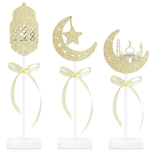 3 Pcs Ramadan Decorations Eid Mubarak Table Decor Set, Standing Wooden Islamic Moon Star Table Centerpiece & Tiered Tray Decor for Muslim Party Home Kitchen Office Tabletop Decoration - color: Ramadan Shiny