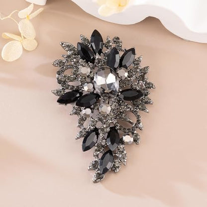 SELOVO Women's Rhinestone Crystal Wedding Flower Leaf Sparkle Brooch Pin - color: Black