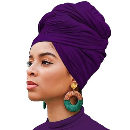 XTREND 1 Piece Head Wrap for Women Stretch Jersey Turban African Fashion Headband Solid Color Soft Extra Long Hair Scarf Caps Bohemian Soft Breathable Turbans Tie (Dark Purple) - color: Z1 Dark Purple