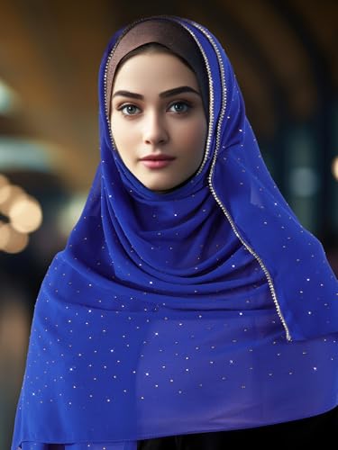 Geyoga Hijab Scarf for Women Soft Chiffon Rhinestone Long Scarf Shawl Fashion Muslim Hijab Head Wrap Scarves - color: Royal Blue