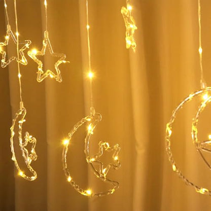 15.7 FT Star Moon Curtain String Lights Bedroom, 115 LED Ramadan Fairy Twinkle Light Window, 8 Lighting Modes Timer Memory, Wall Backdrop Room Holiday Indoor Outdoor Christmas Decoration, USB Operated